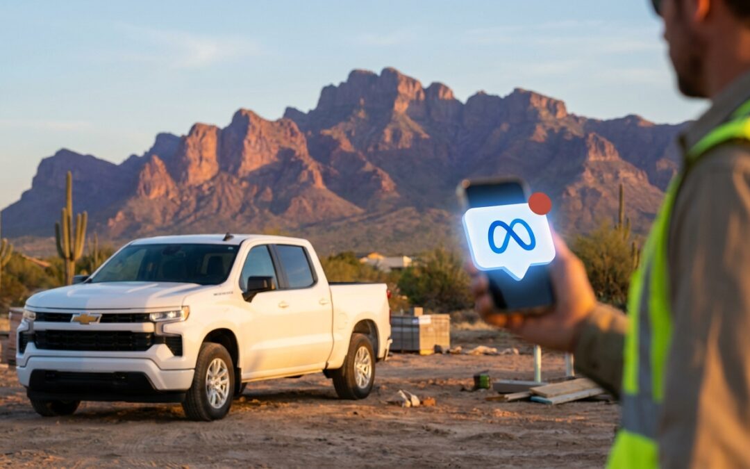 Contractor with phone showing a Meta ad lead notification on an Arizona job site near the San Tan Mountains in Queen Creek