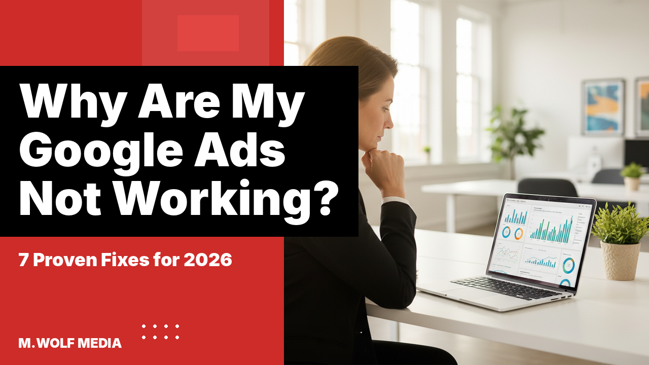 Small business owner reviewing Google Ads campaign data on a laptop, looking concerned at underperforming metrics