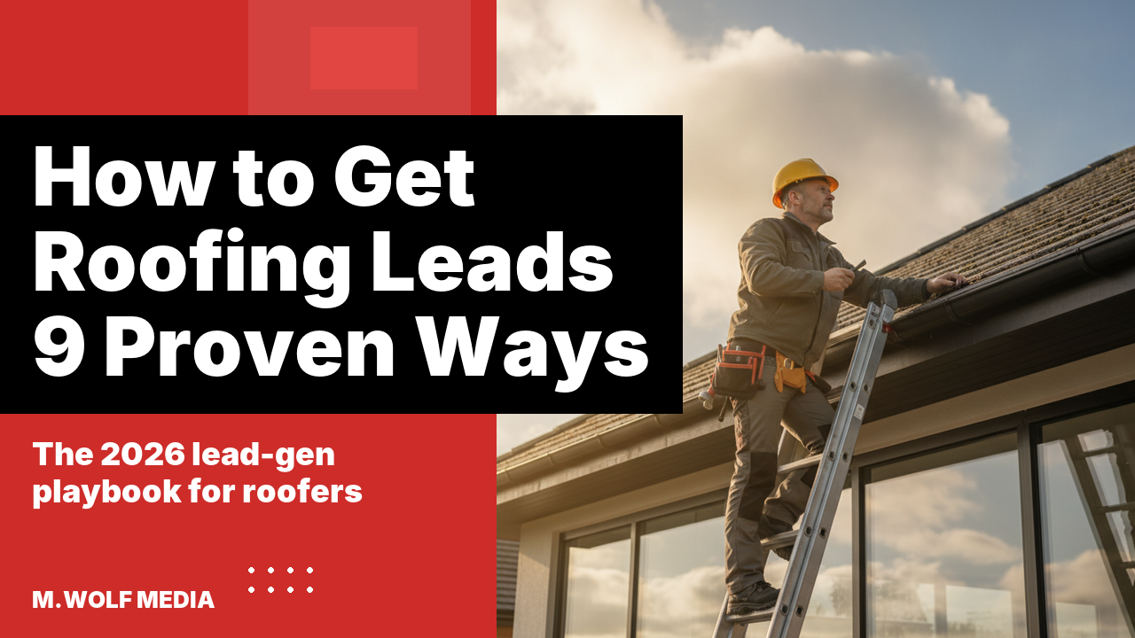 How to get roofing leads - a roofing contractor on a ladder inspecting shingles against a clearing sky