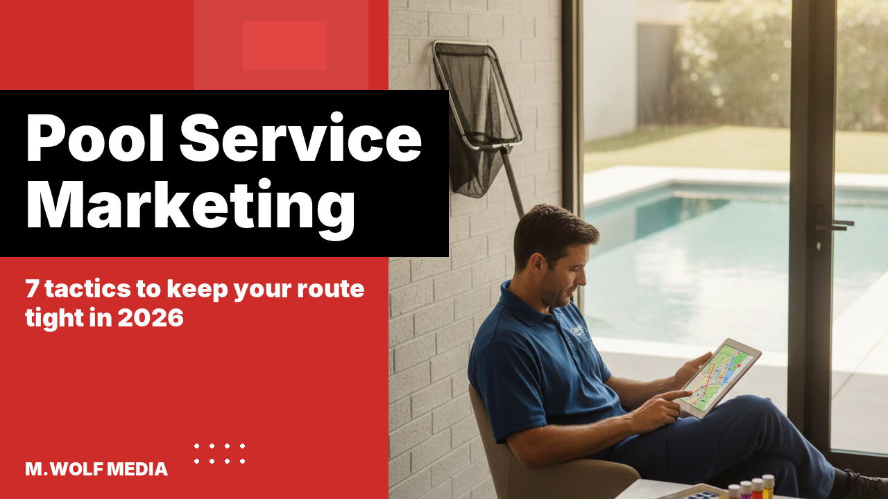 Pool service marketing - a pool technician checking a route map on a tablet beside a backyard pool