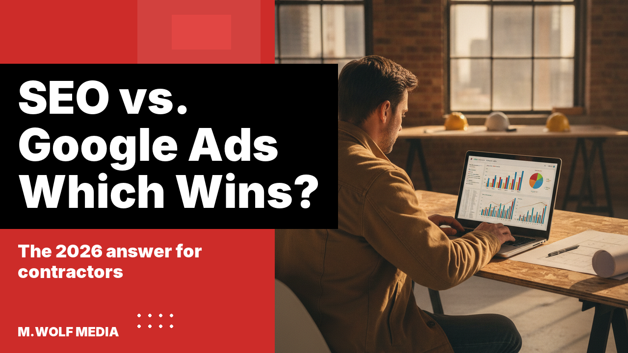 SEO vs Google Ads for contractors - a contractor reviewing a marketing performance dashboard comparing paid search and organic traffic at a jobsite desk