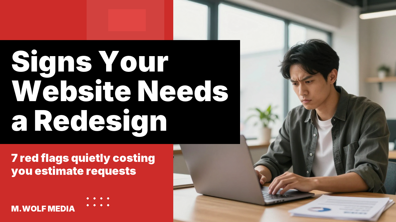 Signs your contractor website needs a redesign - a contractor frowning at an outdated, slow-loading website on a laptop