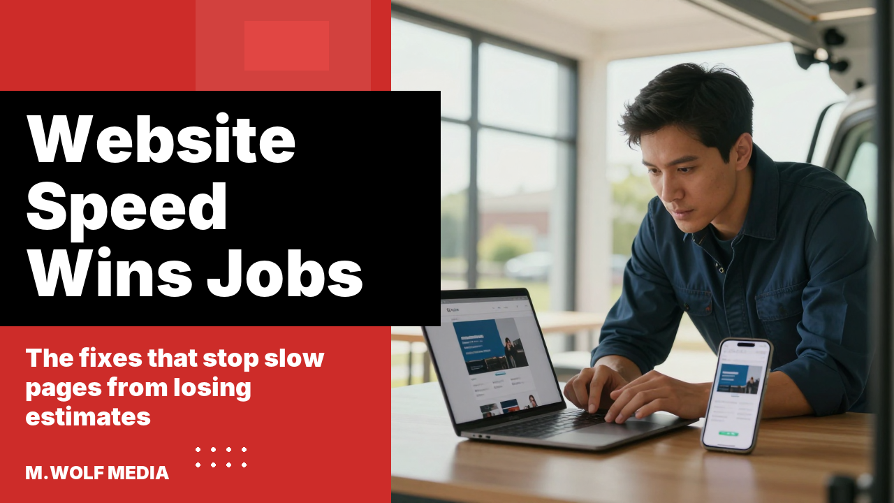 Website speed for contractors - a contractor checking a slow-loading website on a laptop and phone from a work truck, representing the load time fixes covered in this guide