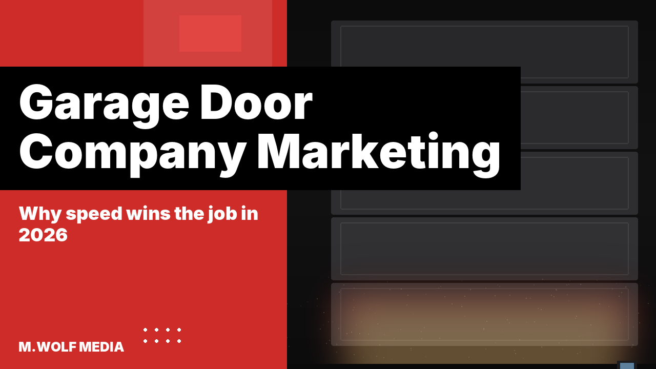 Garage door company marketing - a sectional garage door raised with warm light spilling out and a service van approaching