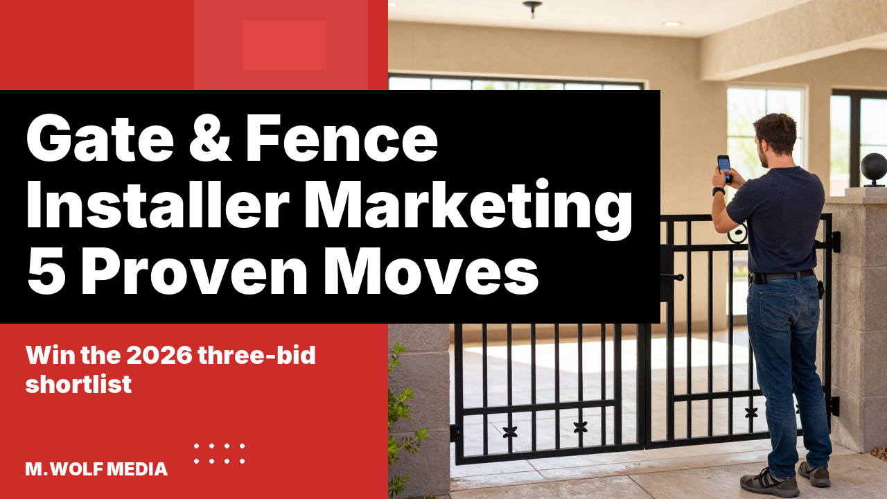 Gate and fence installer marketing - a split panel graphic reading gate and fence installer marketing, 5 proven moves for 2026