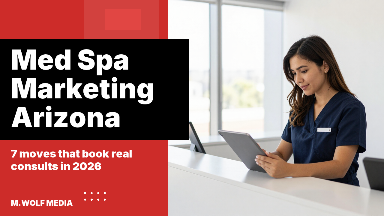 Med spa marketing Arizona - a split panel graphic reading med spa marketing that books real consults