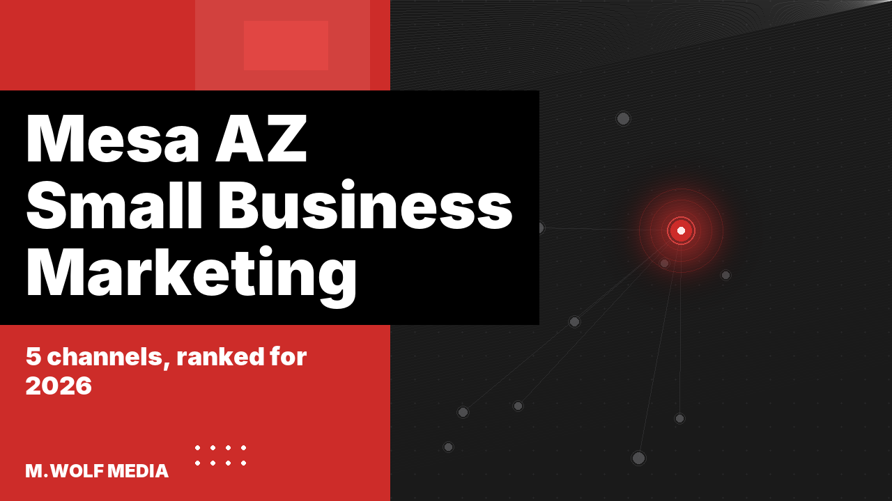 Mesa AZ small business marketing - a dark East Valley map graphic with a glowing Mesa pin among smaller competitor pins