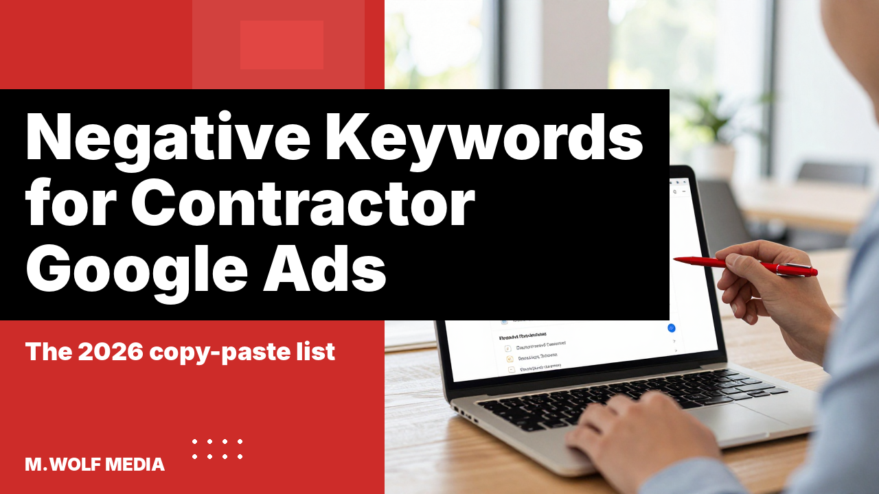 Negative keywords for contractor Google Ads - a split panel graphic reading Negative Keywords for Contractor Google Ads, the 2026 copy-paste list