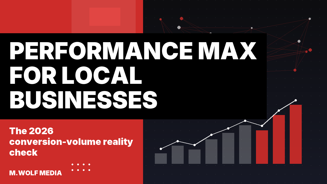 Performance Max campaigns for local businesses - a split panel graphic with a rising bar chart and connected network nodes