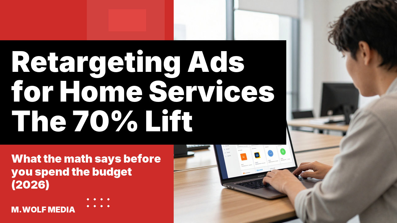 Retargeting ads for home services - a split panel graphic reading Retargeting Ads for Home Services, The 70% Lift, what the math says before you spend the budget