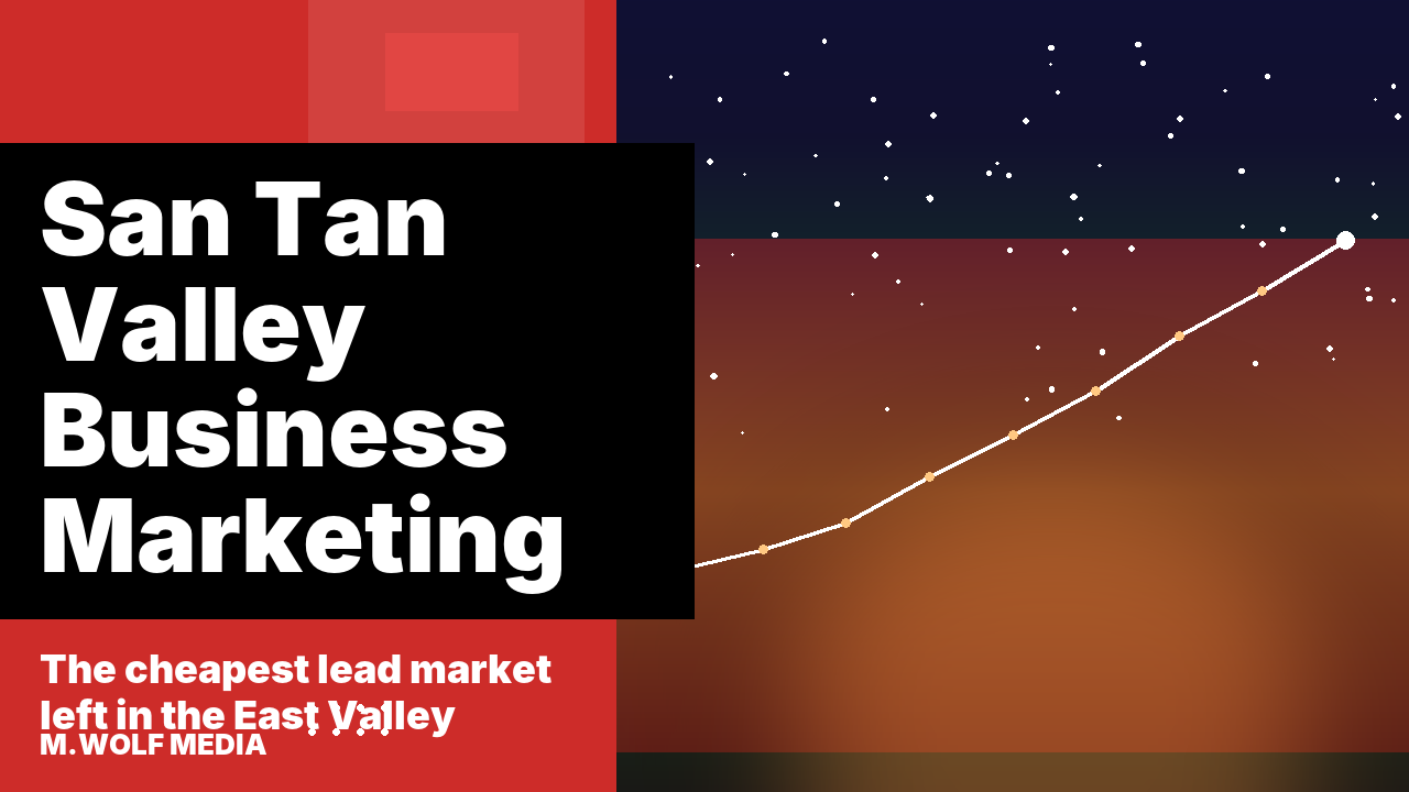 San Tan Valley business marketing - a split panel graphic with a rising growth line over a desert dawn horizon