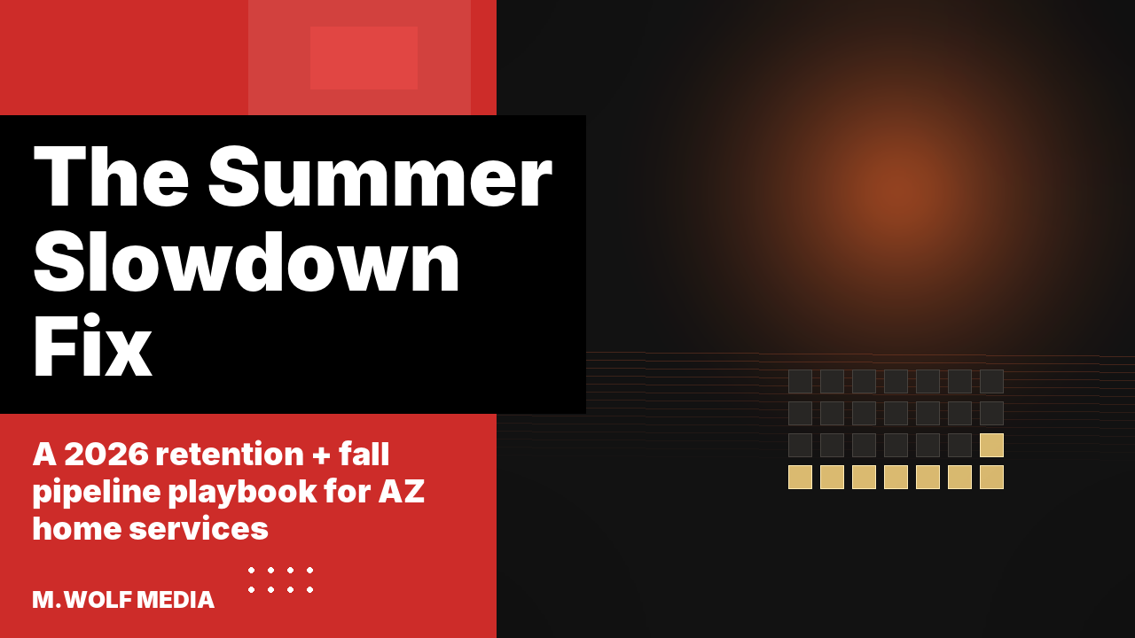 Arizona summer slowdown marketing home services - a fading desert sun glowing behind a fall calendar grid, symbolizing the shift from slow season to a booked pre-fall pipeline