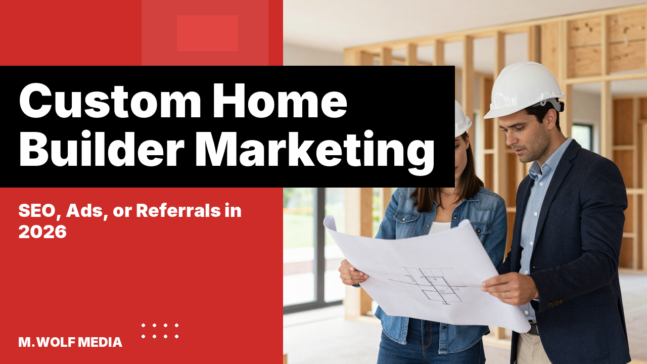 Custom home builder marketing - a custom home builder and an architect reviewing blueprints together inside a custom home under construction