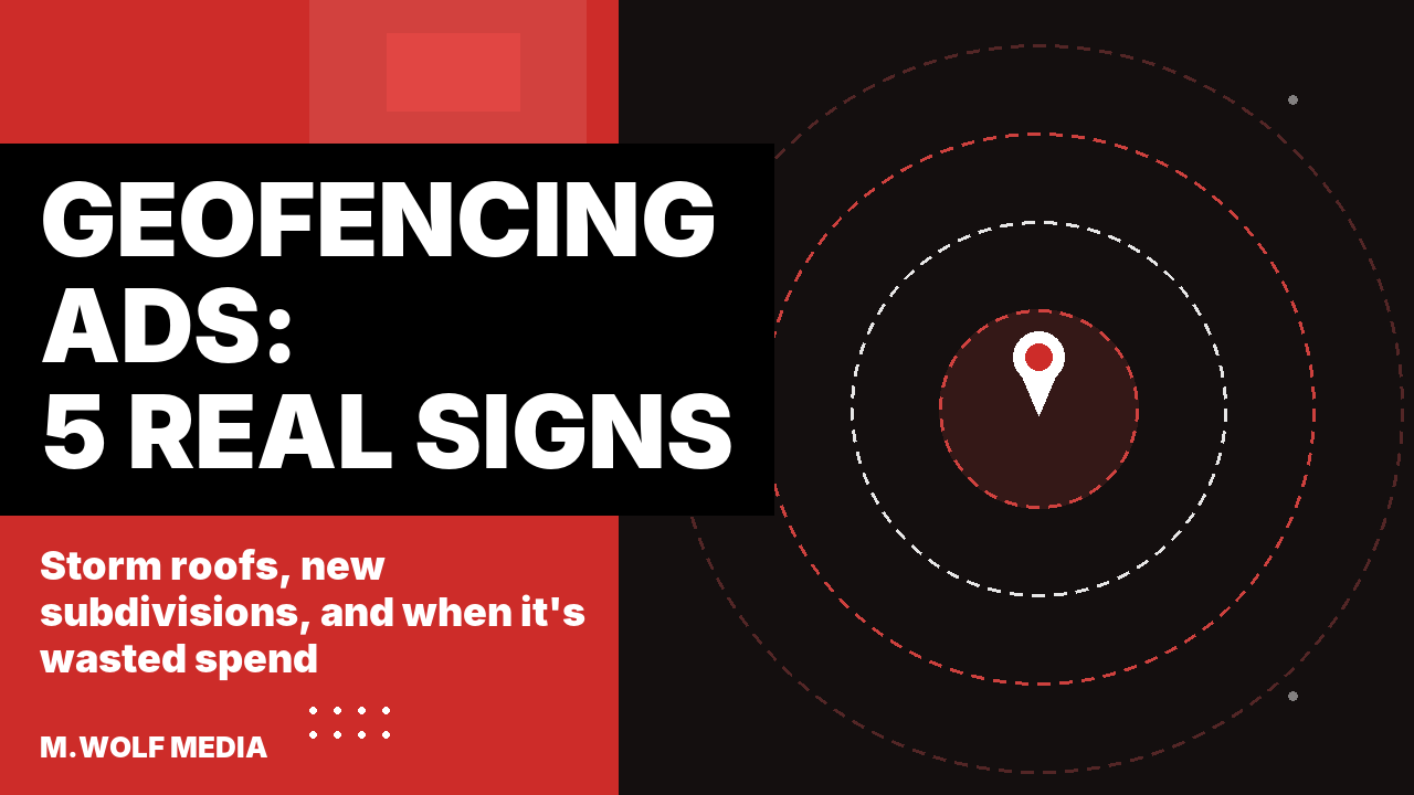 Do geofencing ads work for home services - a location pin surrounded by concentric dashed radius rings over a dark map, illustrating a geofenced service area