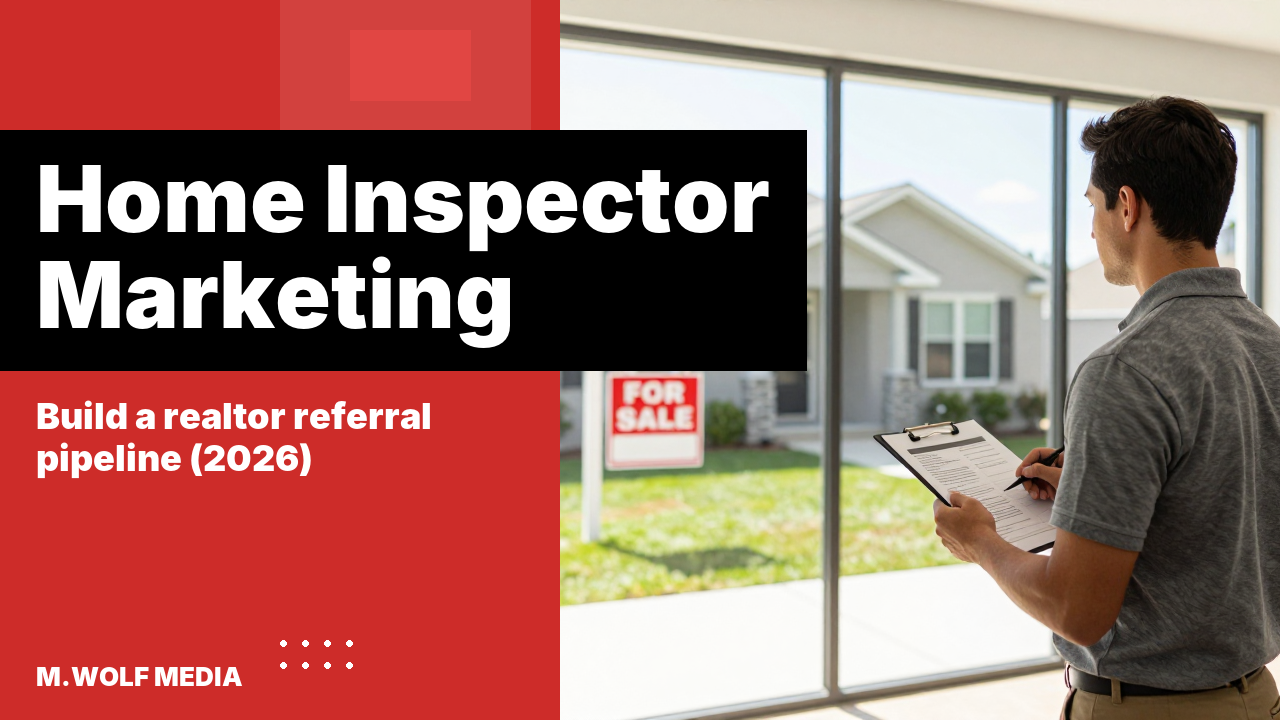 Home inspector marketing - a home inspector reviewing a clipboard checklist in front of a house with a real estate agent For Sale sign on the lawn
