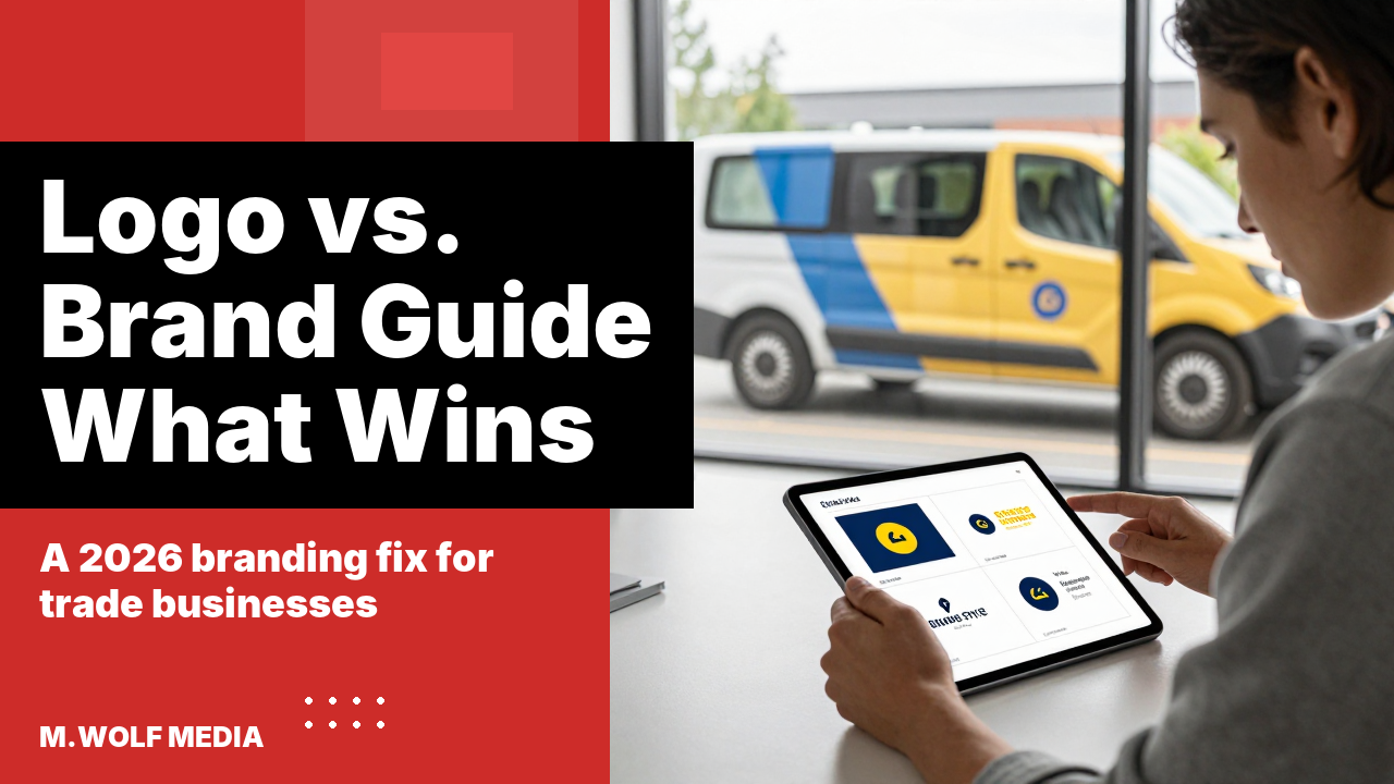 Logo and branding for trade businesses - a designer reviewing a one-page brand guide and logo mockups on a tablet with a wrapped company work van visible through the window
