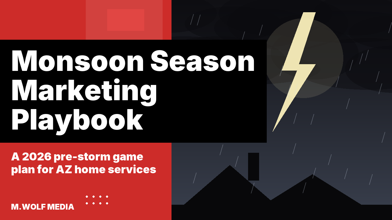 Monsoon season marketing for home services arizona - a lightning bolt and dark storm clouds over a home rooftop silhouette at night, illustrating a pre-monsoon campaign push