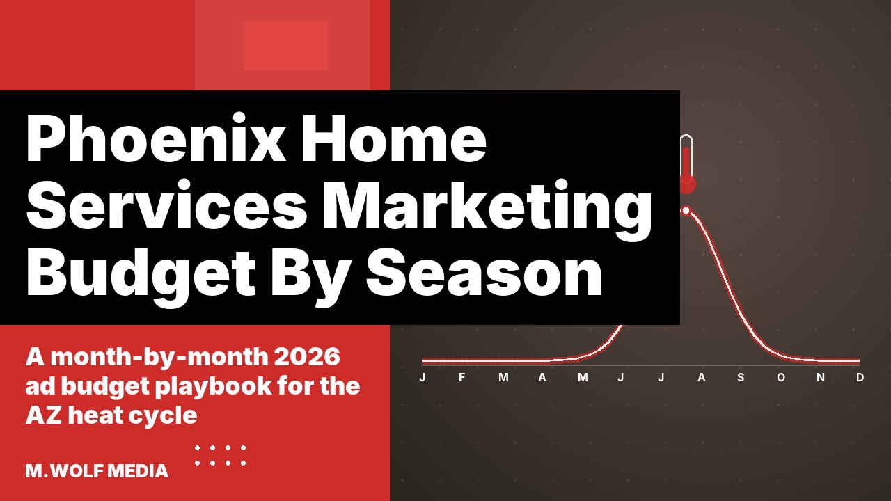 Phoenix home services marketing seasonal demand curve rising into a summer peak with a thermometer icon, flanked by month markers from January to December