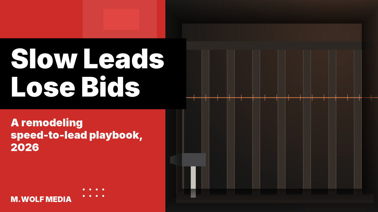 Remodeling contractor marketing - a stud-framed wall under construction with a measuring line running through it, symbolizing a remodeling lead sitting unanswered while the job itself waits