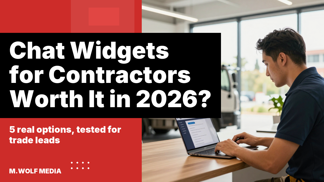 Website chat widgets for contractors - a contractor checking a laptop with a website chat notification open at a job site desk